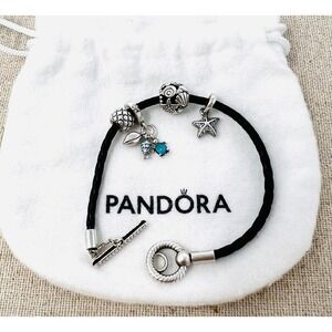 Pandora Black Braided Leather Toggle Bracelet Sterling Silver Ocean Charm Set